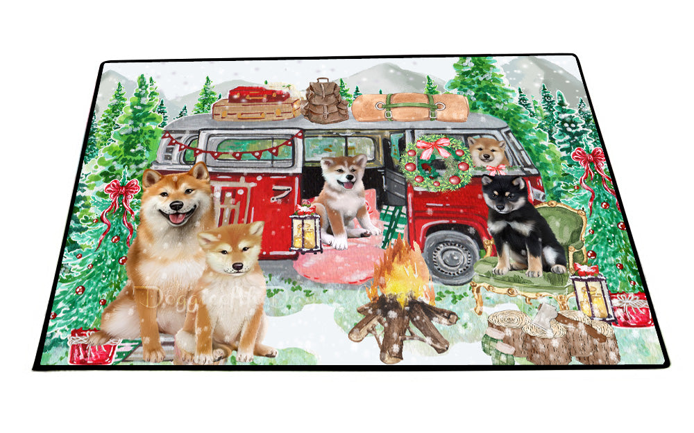 Christmas Time Camping with Shiba Inu Dogs Floor Mat- Anti-Slip Pet Door Mat Indoor Outdoor Front Rug Mats for Home Outside Entrance Pets Portrait Unique Rug Washable Premium Quality Mat