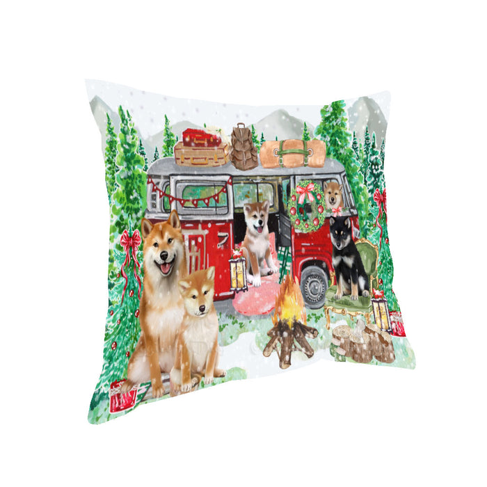 Christmas Time Camping with Shiba Inu Dogs Pillow with Top Quality High-Resolution Images - Ultra Soft Pet Pillows for Sleeping - Reversible & Comfort - Ideal Gift for Dog Lover - Cushion for Sofa Couch Bed - 100% Polyester