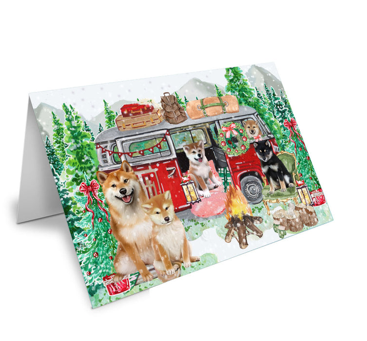 Christmas Time Camping with Shiba Inu Dogs Handmade Artwork Assorted Pets Greeting Cards and Note Cards with Envelopes for All Occasions and Holiday Seasons