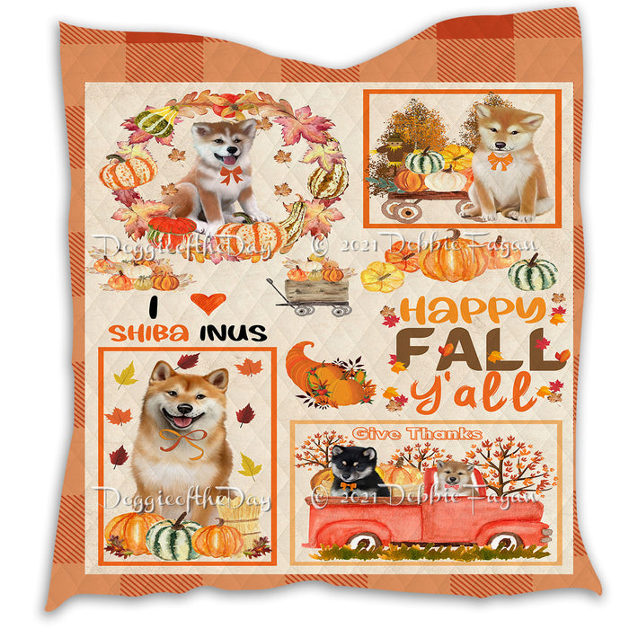 Happy Fall Y'all Pumpkin Shiba Inu Dogs Quilt Bed Coverlet Bedspread - Pets Comforter Unique One-side Animal Printing - Soft Lightweight Durable Washable Polyester Quilt
