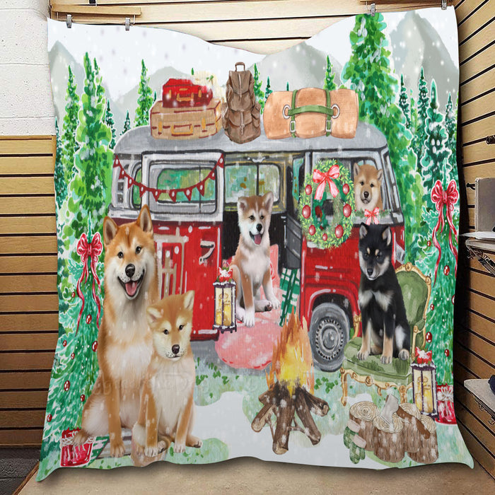 Christmas Time Camping with Shiba Inu Dogs  Quilt Bed Coverlet Bedspread - Pets Comforter Unique One-side Animal Printing - Soft Lightweight Durable Washable Polyester Quilt