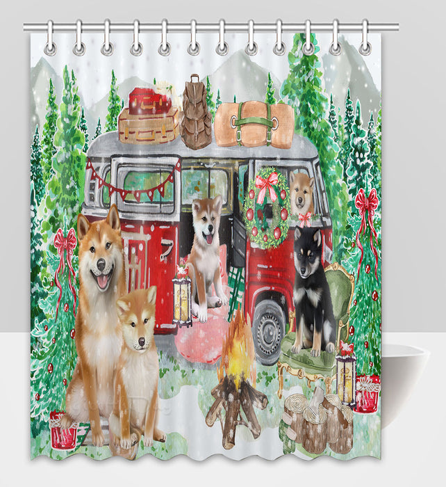 Christmas Time Camping with Shiba Inu Dogs Shower Curtain Pet Painting Bathtub Curtain Waterproof Polyester One-Side Printing Decor Bath Tub Curtain for Bathroom with Hooks