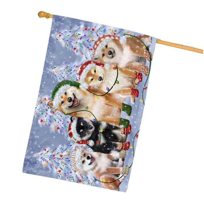 Christmas Lights and Shiba Inu Dogs House Flag Outdoor Decorative Double Sided Pet Portrait Weather Resistant Premium Quality Animal Printed Home Decorative Flags 100% Polyester