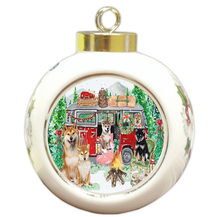Christmas Time Camping with Shiba Inu Dogs Round Ball Christmas Ornament Pet Decorative Hanging Ornaments for Christmas X-mas Tree Decorations - 3" Round Ceramic Ornament