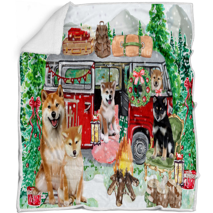Christmas Time Camping with Shiba Inu Dogs Blanket - Lightweight Soft Cozy and Durable Bed Blanket - Animal Theme Fuzzy Blanket for Sofa Couch