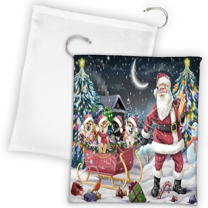 Santa Sled Dogs Christmas Happy Holidays Shiba Inu Dogs Drawstring Laundry or Gift Bag LGB48737