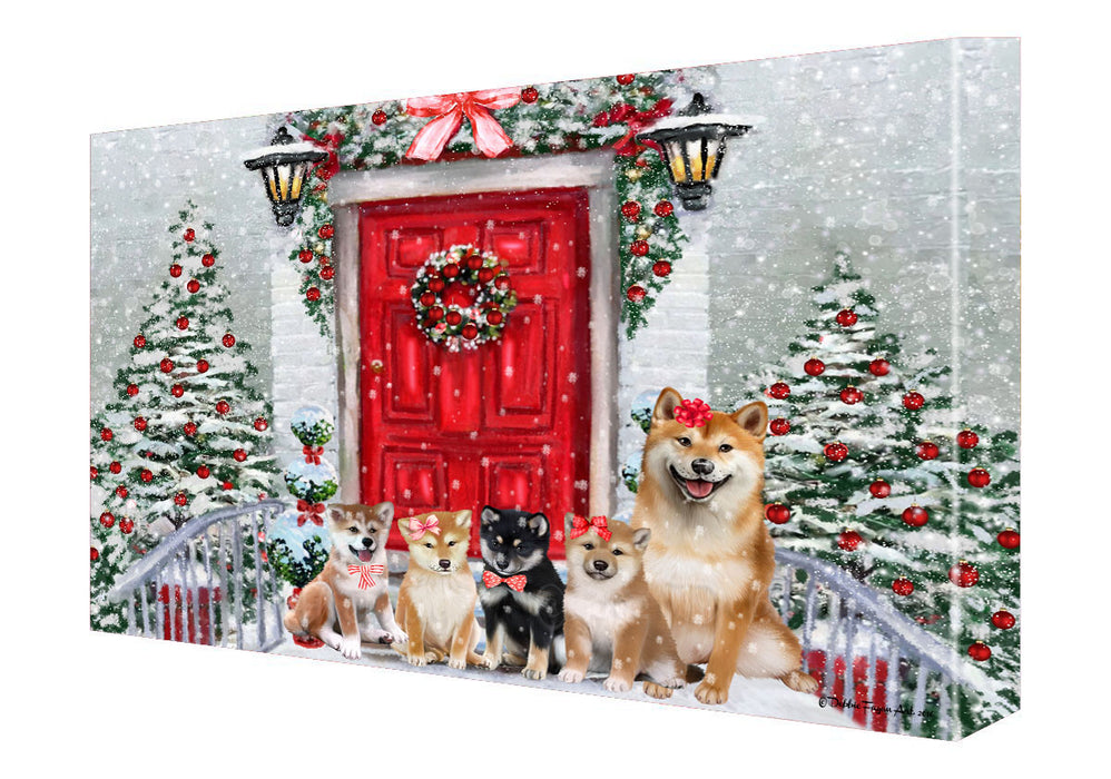 Christmas Holiday Welcome Shiba Inu Dogs Canvas Wall Art - Premium Quality Ready to Hang Room Decor Wall Art Canvas - Unique Animal Printed Digital Painting for Decoration