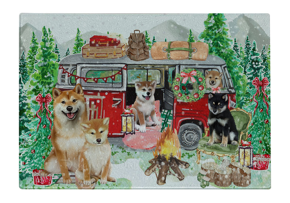 Christmas Time Camping with Shiba Inu Dogs Cutting Board - For Kitchen - Scratch & Stain Resistant - Designed To Stay In Place - Easy To Clean By Hand - Perfect for Chopping Meats, Vegetables