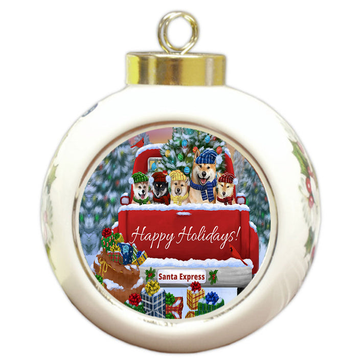 Christmas Red Truck Travlin Home for the Holidays Shiba Inu Dogs Round Ball Christmas Ornament Pet Decorative Hanging Ornaments for Christmas X-mas Tree Decorations - 3" Round Ceramic Ornament