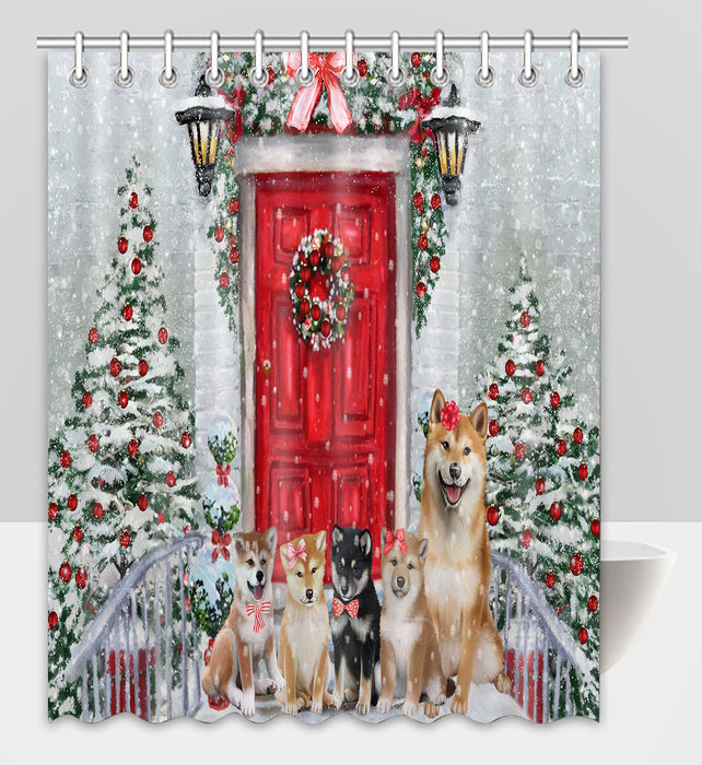 Christmas Holiday Welcome Shiba Inu Dogs Shower Curtain Pet Painting Bathtub Curtain Waterproof Polyester One-Side Printing Decor Bath Tub Curtain for Bathroom with Hooks