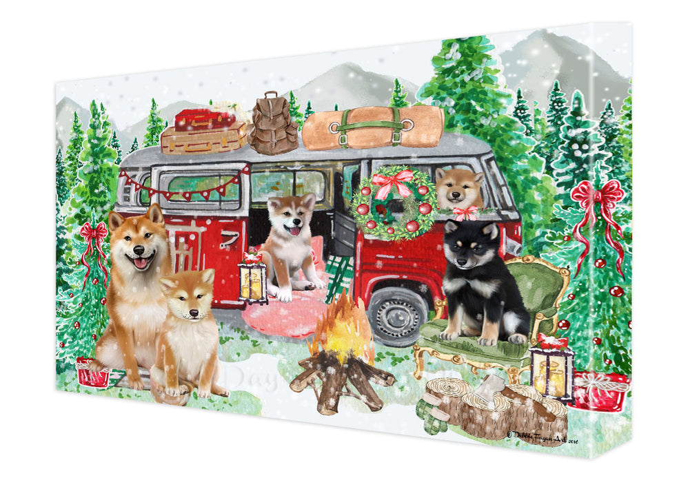 Christmas Time Camping with Shiba Inu Dogs Canvas Wall Art - Premium Quality Ready to Hang Room Decor Wall Art Canvas - Unique Animal Printed Digital Painting for Decoration