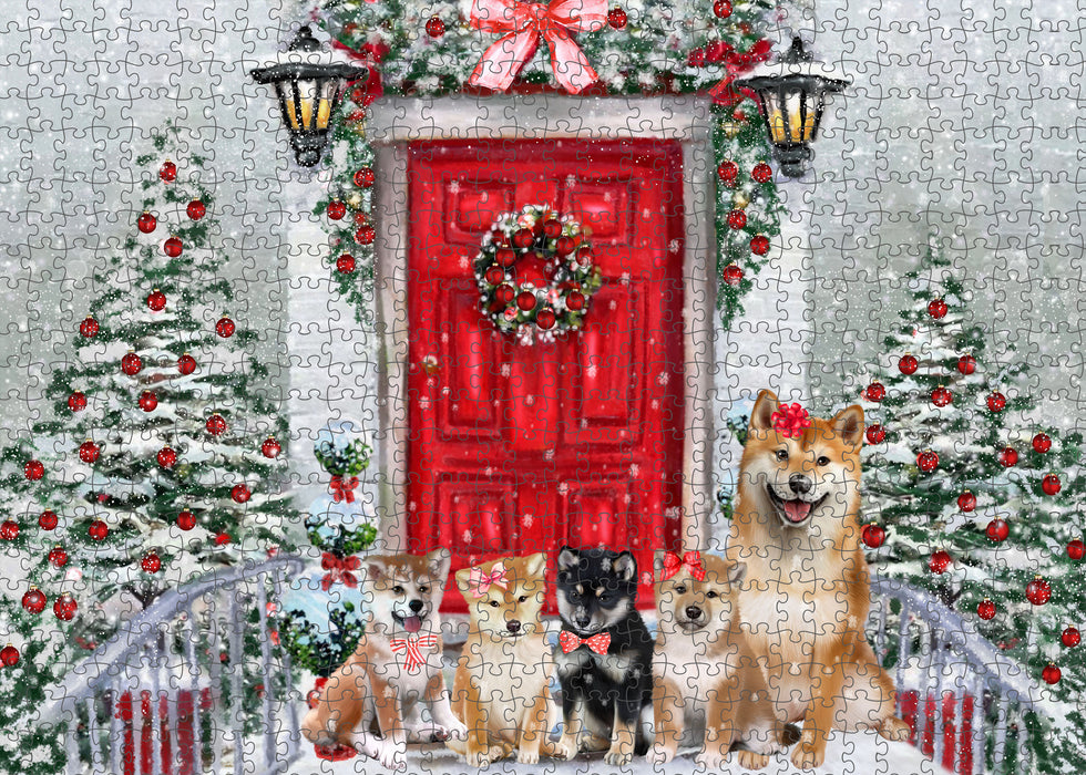 Christmas Holiday Welcome Shiba Inu Dogs Portrait Jigsaw Puzzle for Adults Animal Interlocking Puzzle Game Unique Gift for Dog Lover's with Metal Tin Box