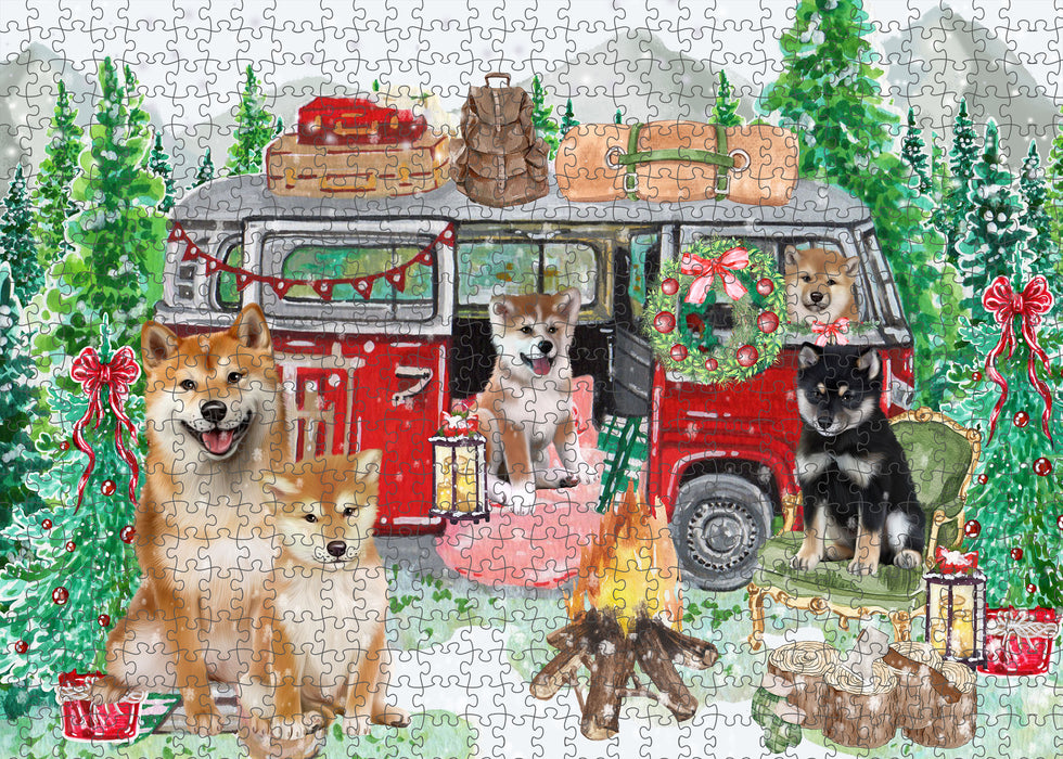 Christmas Time Camping with Shiba Inu Dogs Portrait Jigsaw Puzzle for Adults Animal Interlocking Puzzle Game Unique Gift for Dog Lover's with Metal Tin Box