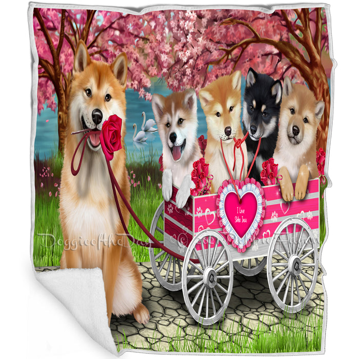 I Love Shiba Inu Dogs in a Cart Art Portrait Print Woven Throw Sherpa Plush Fleece Blanket