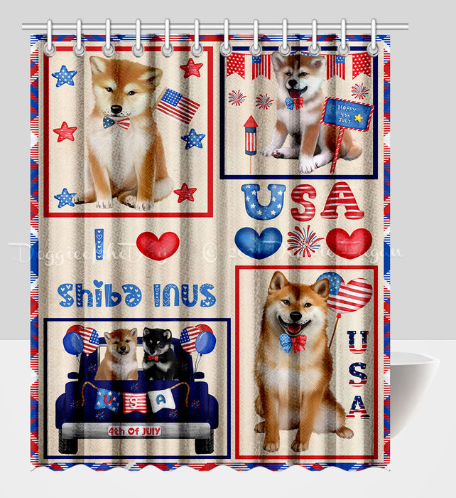 4th of July Independence Day I Love USA Shiba Inu Dogs Shower Curtain Pet Painting Bathtub Curtain Waterproof Polyester One-Side Printing Decor Bath Tub Curtain for Bathroom with Hooks