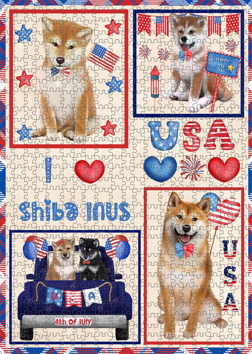 4th of July Independence Day I Love USA Shiba Inu Dogs Portrait Jigsaw Puzzle for Adults Animal Interlocking Puzzle Game Unique Gift for Dog Lover's with Metal Tin Box