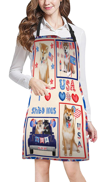 4th of July Independence Day I Love USA Shiba Inu Dogs Apron - Adjustable Long Neck Bib for Adults - Waterproof Polyester Fabric With 2 Pockets - Chef Apron for Cooking, Dish Washing, Gardening, and Pet Grooming