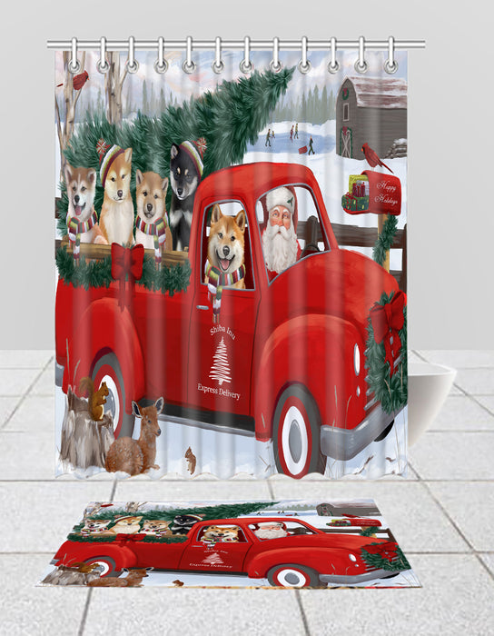 Christmas Santa Express Delivery Red Truck Shiba Inu Dogs Bath Mat and Shower Curtain Combo