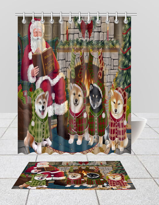 Christmas Cozy Holiday Fire Tails Shiba Inu Dogs Bath Mat and Shower Curtain Combo