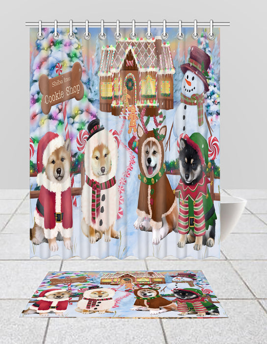 Holiday Gingerbread Cookie Shiba Inu Dogs  Bath Mat and Shower Curtain Combo