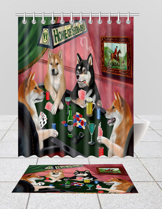 Home of  Shiba Inu Dogs Playing Poker Bath Mat and Shower Curtain Combo