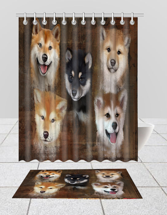 Rustic Shiba Inu Dogs  Bath Mat and Shower Curtain Combo
