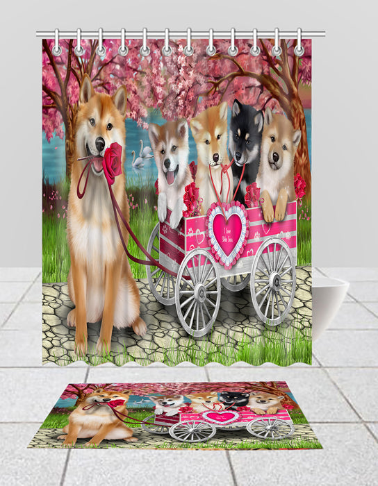 I Love Shiba Inu Dogs in a Cart Bath Mat and Shower Curtain Combo