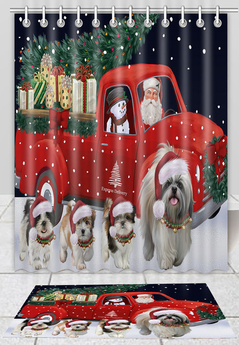 Christmas Express Delivery Red Truck Running Shih Tzu Dogs Bath Mat and Shower Curtain Combo