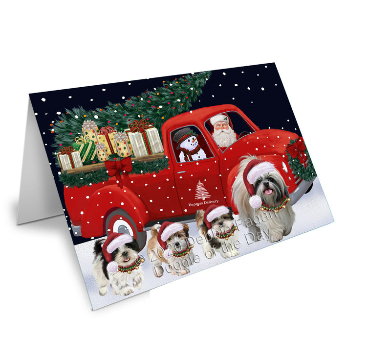 Christmas Express Delivery Red Truck Running Shih Tzu Dogs Handmade Artwork Assorted Pets Greeting Cards and Note Cards with Envelopes for All Occasions and Holiday Seasons GCD75224