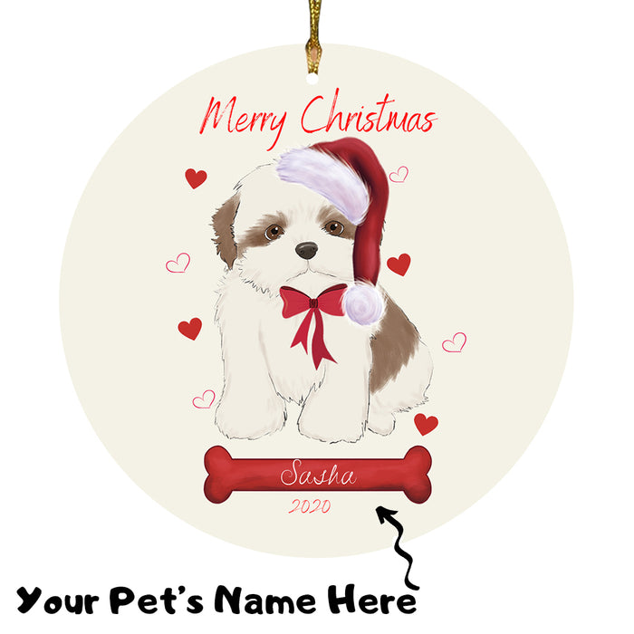 Personalized Merry Christmas  Shih Tzu Dog Christmas Tree Round Flat Ornament RBPOR59013