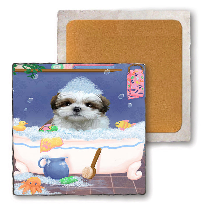 Rub A Dub Dog In A Tub Shih Tzu Dog Set of 4 Natural Stone Marble Tile Coasters MCST52448