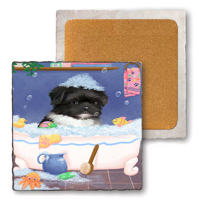 Rub A Dub Dog In A Tub Shih Tzu Dog Set of 4 Natural Stone Marble Tile Coasters MCST52449