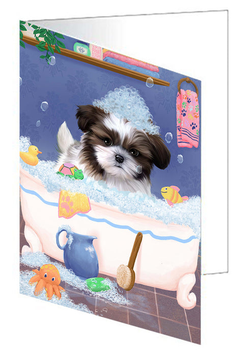 Rub A Dub Dog In A Tub Shih Tzu Dog Handmade Artwork Assorted Pets Greeting Cards and Note Cards with Envelopes for All Occasions and Holiday Seasons GCD79664