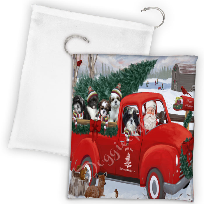 Christmas Santa Express Delivery Red Truck Shih Tzu Dogs Drawstring Laundry or Gift Bag LGB48341