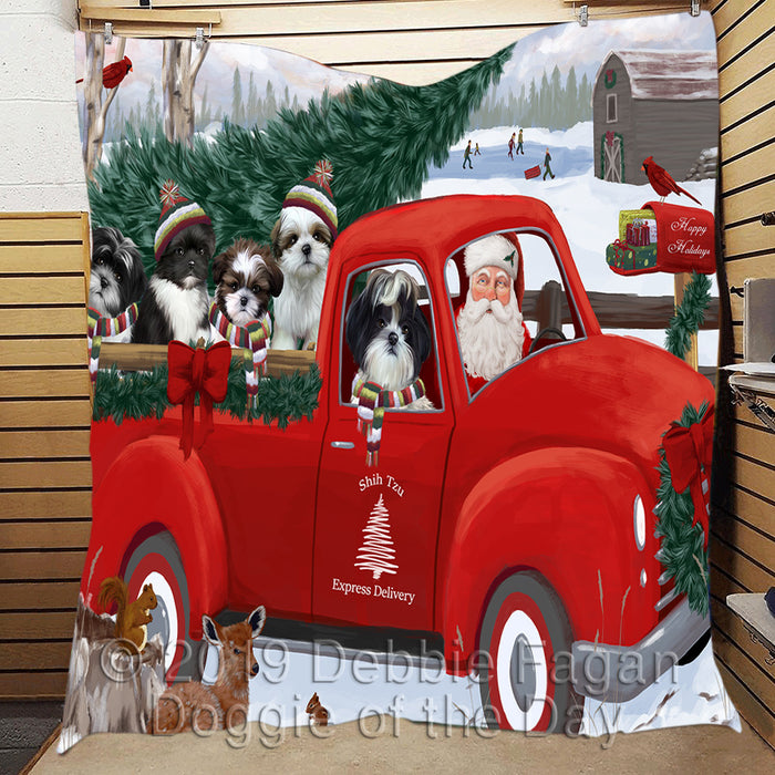 Christmas Santa Express Delivery Red Truck Shih Tzu Dogs Quilt