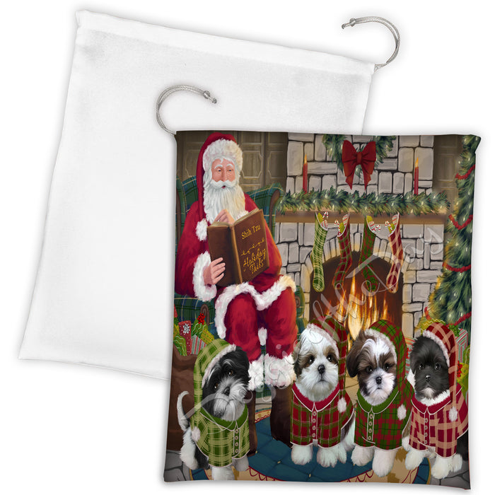Christmas Cozy Holiday Fire Tails Shih Tzu Dogs Drawstring Laundry or Gift Bag LGB48535