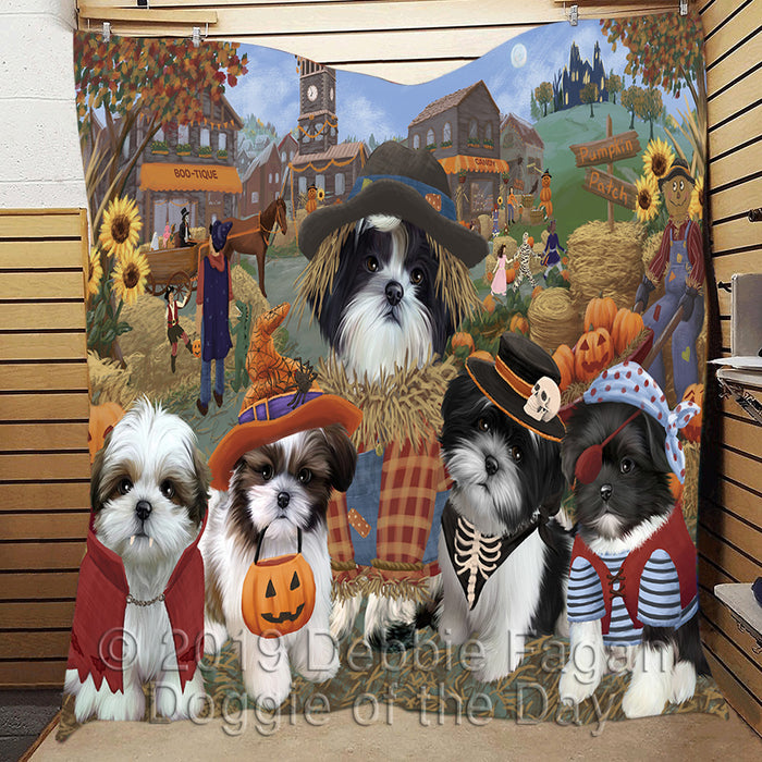 Halloween 'Round Town and Fall Pumpkin Scarecrow Both Shih Tzu Dogs Quilt