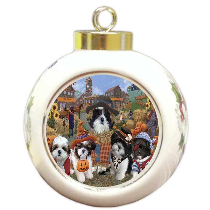 Halloween 'Round Town And Fall Pumpkin Scarecrow Both Shih Tzu Dogs Round Ball Christmas Ornament RBPOR57608