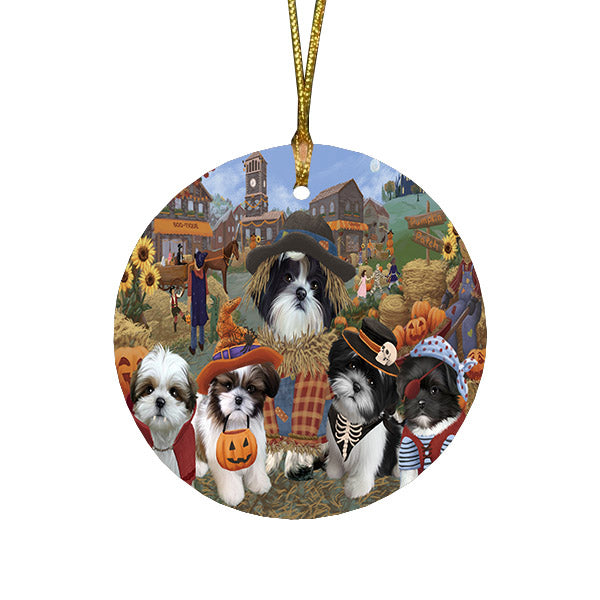 Halloween 'Round Town And Fall Pumpkin Scarecrow Both Shih Tzu Dogs Round Flat Christmas Ornament RFPOR57608