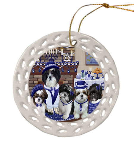 Happy Hanukkah Family Shih Tzu Dogs Ceramic Doily Ornament DPOR57734