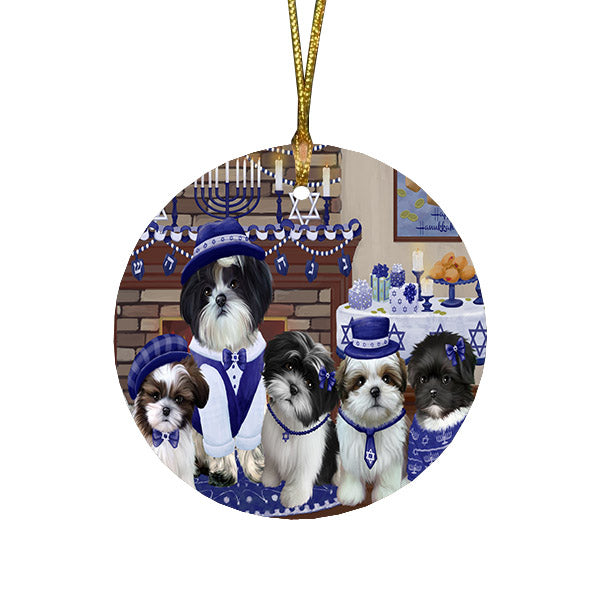 Happy Hanukkah Family and Happy Hanukkah Both Shih Tzu Dogs Round Flat Christmas Ornament RFPOR57638