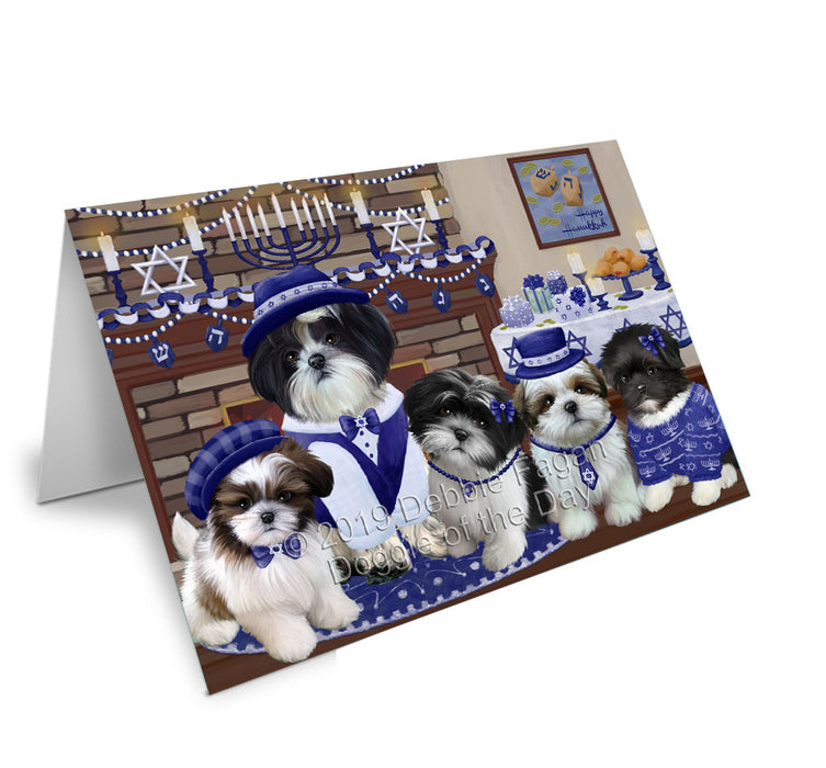 Happy Hanukkah Family Shih Tzu Dogs Handmade Artwork Assorted Pets Greeting Cards and Note Cards with Envelopes for All Occasions and Holiday Seasons GCD78548
