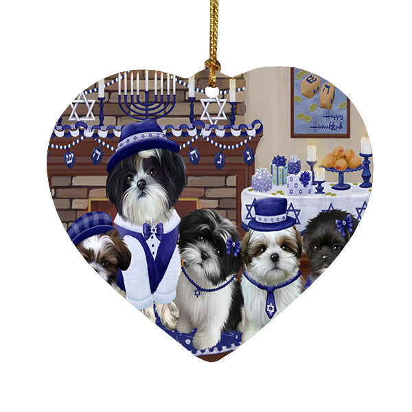 Happy Hanukkah Family Shih Tzu Dogs Heart Christmas Ornament HPOR57734