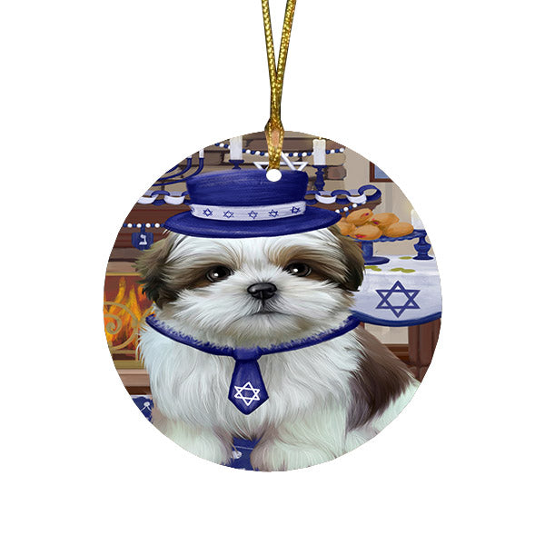 Happy Hanukkah Family and Happy Hanukkah Both Shih Tzu Dog Round Flat Christmas Ornament RFPOR57699