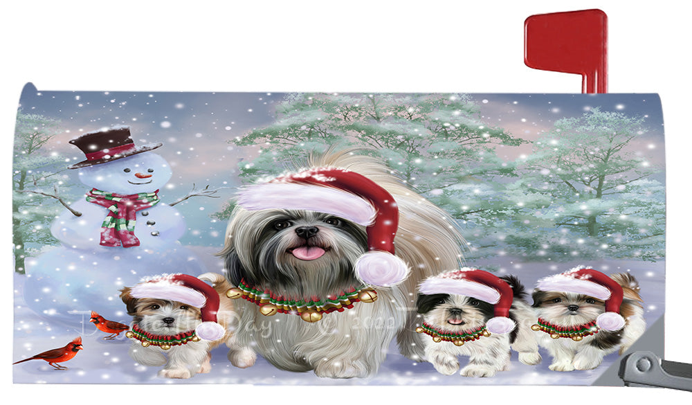 Christmas Running Family Shih Tzu Dogs Magnetic Mailbox Cover Both Sides Pet Theme Printed Decorative Letter Box Wrap Case Postbox Thick Magnetic Vinyl Material