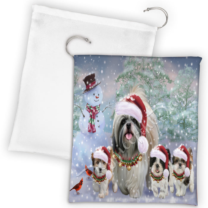 Christmas Running Fammily Shih Tzu Dogs Drawstring Laundry or Gift Bag LGB48251