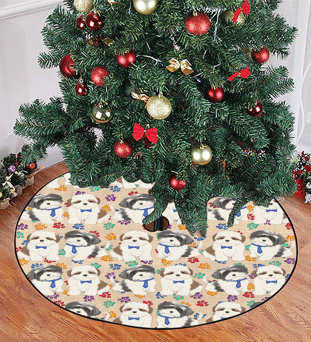Rainbow Paw Print Shih Tzu Dogs Blue Christmas Tree Skirt