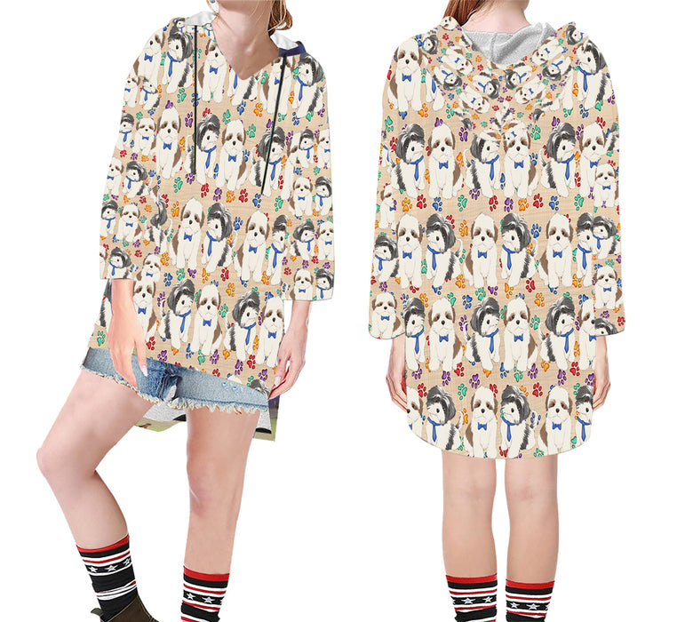 Rainbow Paw Print Shih Tzu Dogs Blue Step Hem Women's Hoodie