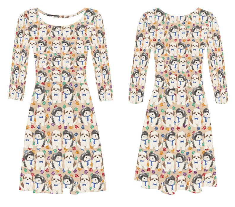 Rainbow Paw Print Shih Tzu Dogs Blue 3/4 Sleeve Sundress