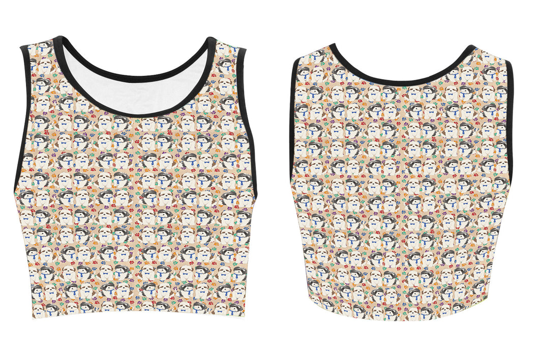 Rainbow Paw Print Shih Tzu Dogs Blue Women's Crop Top